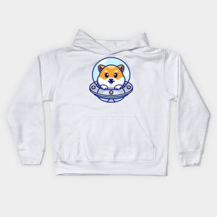 Cute shiba inu dog flying with spaceship ufo cartoon Kids Hoodie